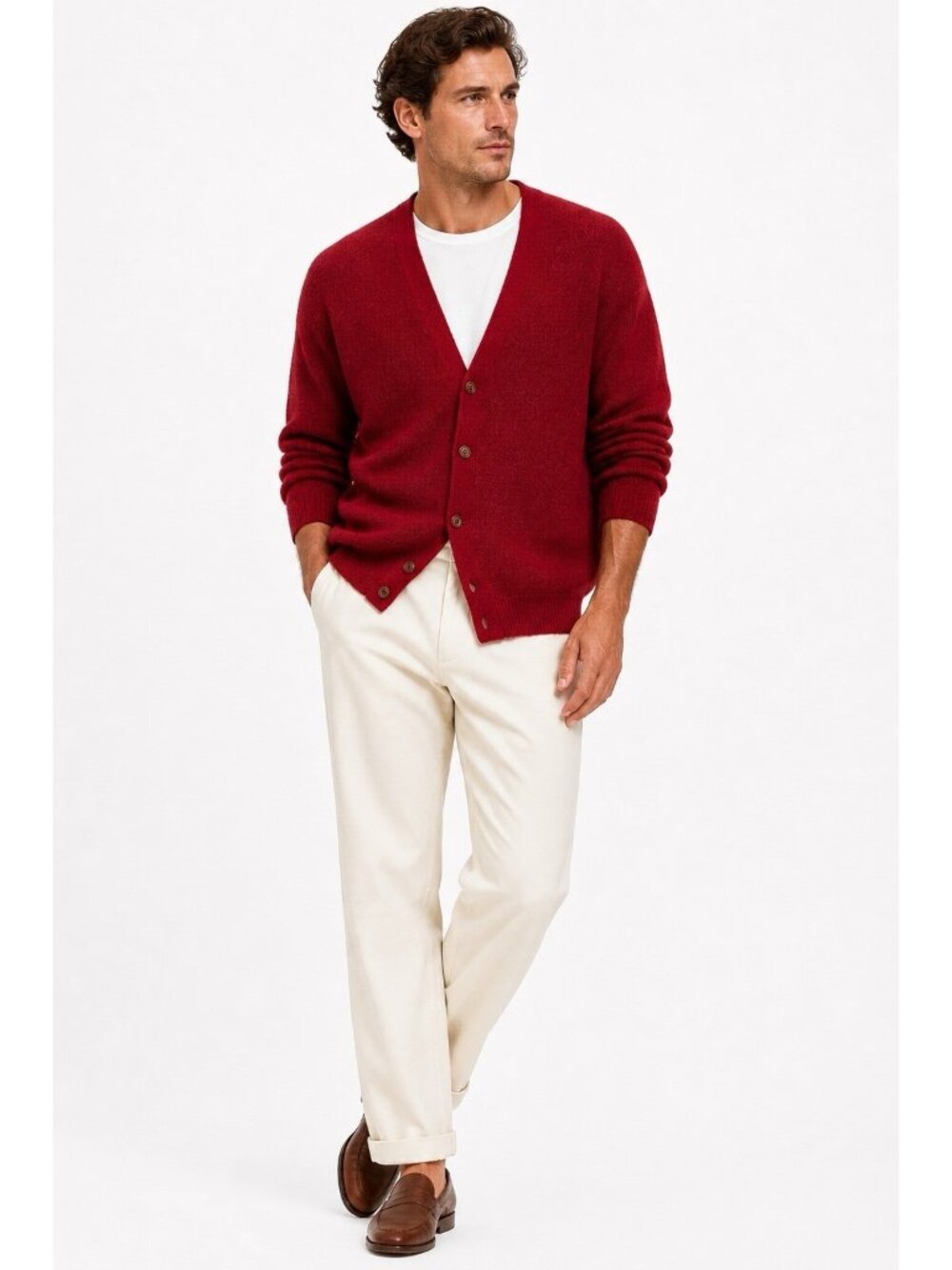 100% ALPACA red cardigan sweater mens LARGE VINTAGE 90S soft luxury knit peru